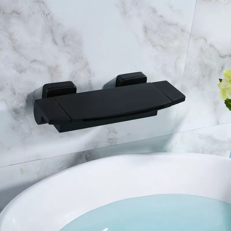 Waterfall Spout Tub Filler Handshower Lever Handle Wall-Mounted Shower Hose Tub Faucet Black Hand Shower Not Included Clearhalo 'Bathroom Remodel & Bathroom Fixtures' 'Bathtub Faucets' 'bathtub_faucets' 'Home Improvement' 'home_improvement' 'home_improvement_bathtub_faucets' 7366207