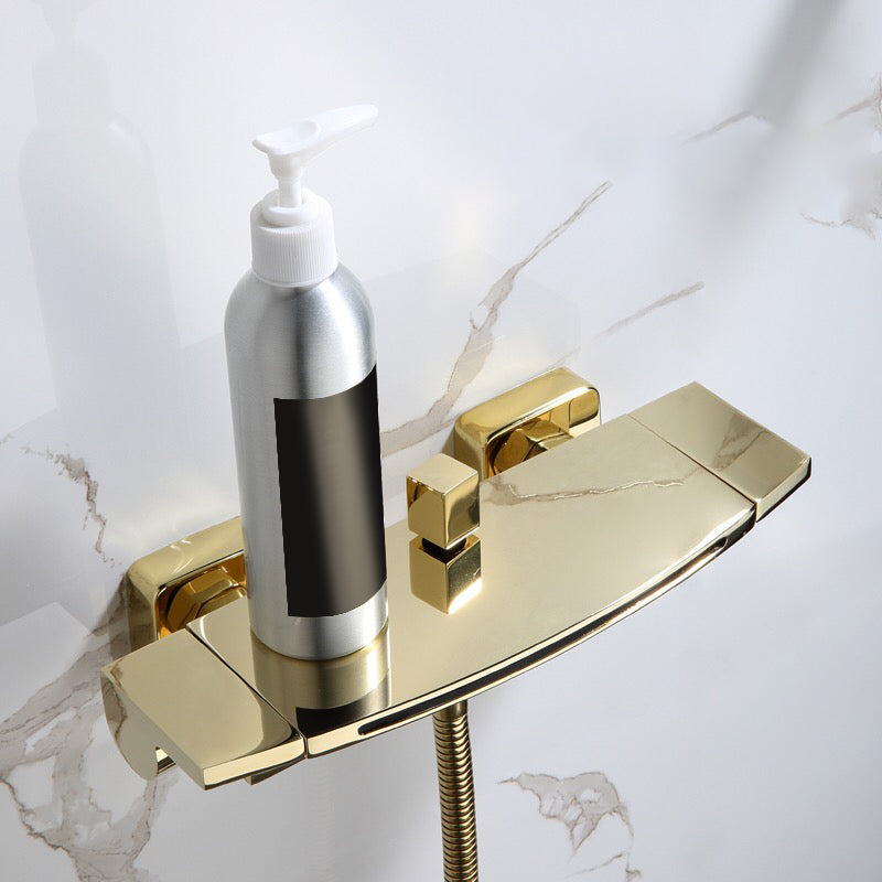 Waterfall Spout Tub Filler Handshower Lever Handle Wall-Mounted Shower Hose Tub Faucet Gold Hand Shower Not Included Clearhalo 'Bathroom Remodel & Bathroom Fixtures' 'Bathtub Faucets' 'bathtub_faucets' 'Home Improvement' 'home_improvement' 'home_improvement_bathtub_faucets' 7366211