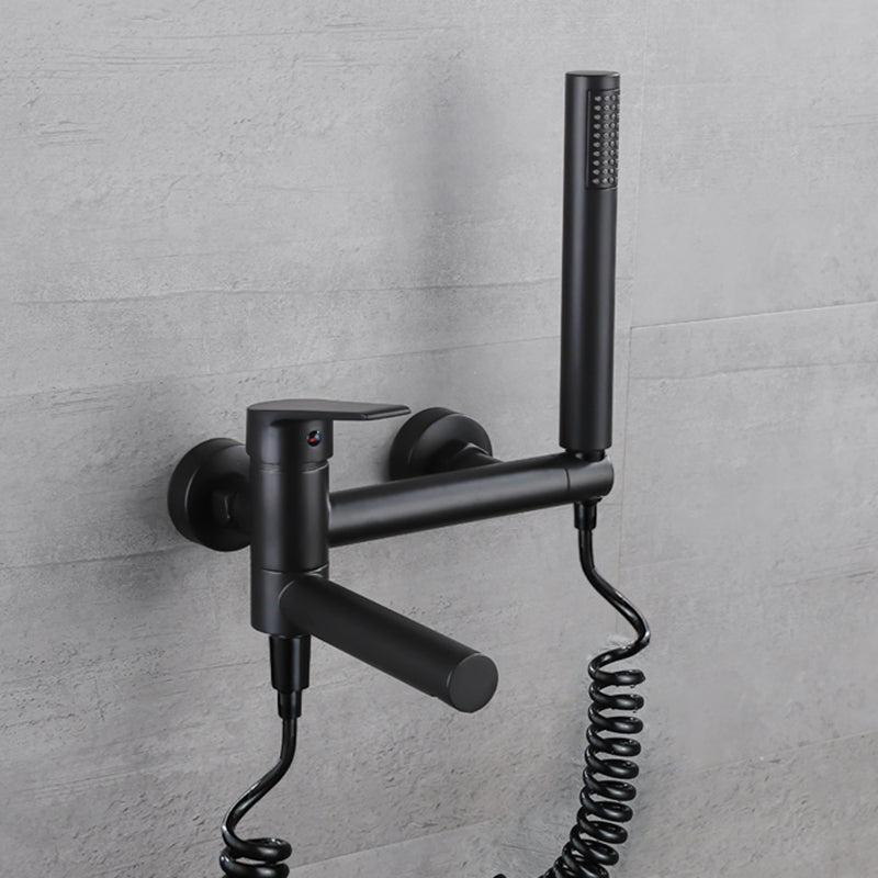 Lever Handle Tub Faucet Wall Mount Shower Hose Swivel Spout Bath Filler with Handshower Black Spring Tube Included Clearhalo 'Bathroom Remodel & Bathroom Fixtures' 'Bathtub Faucets' 'bathtub_faucets' 'Home Improvement' 'home_improvement' 'home_improvement_bathtub_faucets' 7366235
