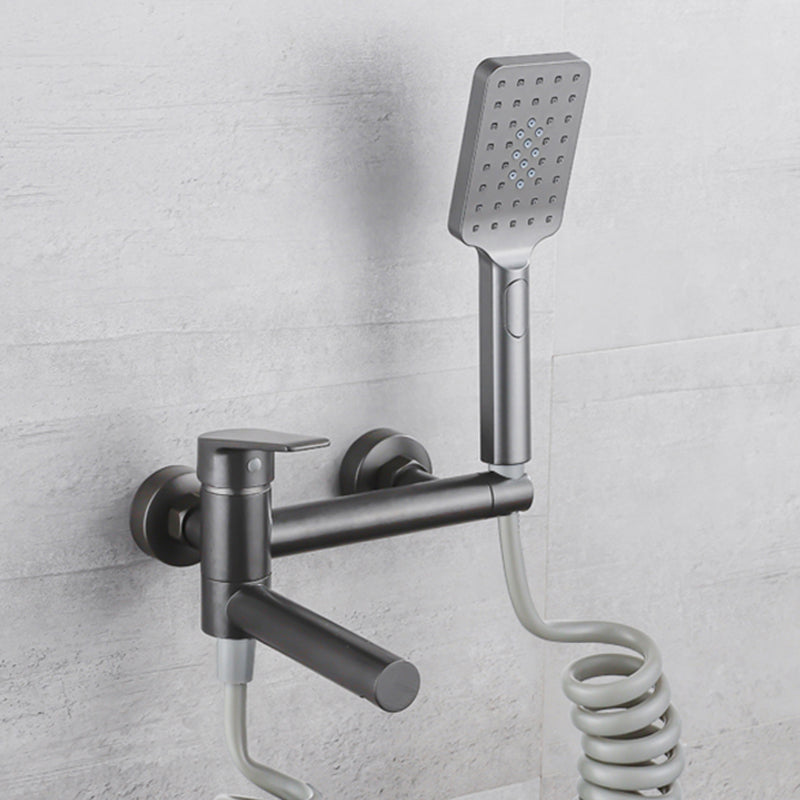 Lever Handle Tub Faucet Wall Mount Shower Hose Swivel Spout Bath Filler with Handshower Grey Spring Tube Included Clearhalo 'Bathroom Remodel & Bathroom Fixtures' 'Bathtub Faucets' 'bathtub_faucets' 'Home Improvement' 'home_improvement' 'home_improvement_bathtub_faucets' 7366237