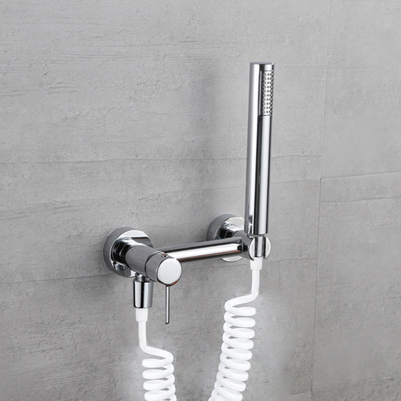 Lever Handle Tub Faucet Wall Mount Shower Hose Swivel Spout Bath Filler with Handshower Silver Spring Tube Included Clearhalo 'Bathroom Remodel & Bathroom Fixtures' 'Bathtub Faucets' 'bathtub_faucets' 'Home Improvement' 'home_improvement' 'home_improvement_bathtub_faucets' 7366239