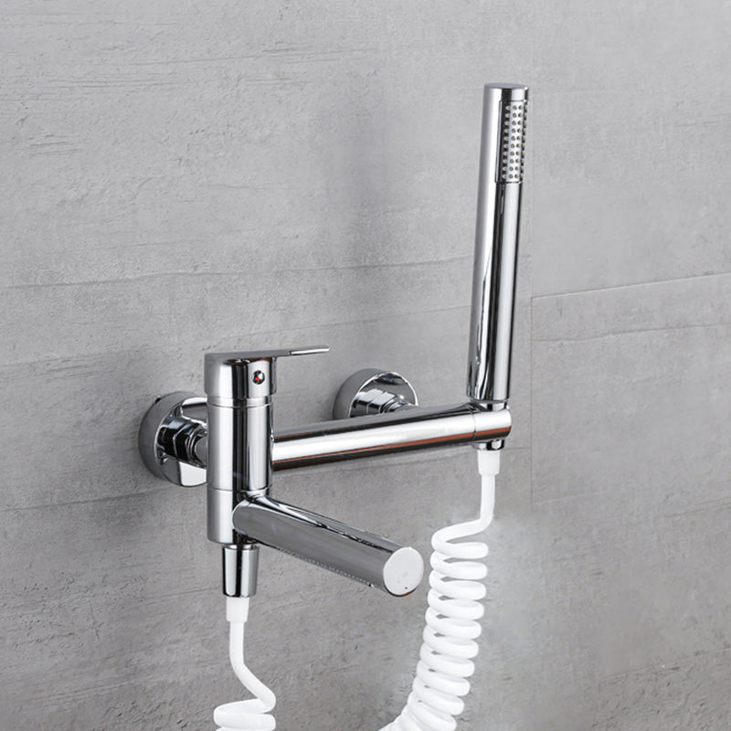 Lever Handle Tub Faucet Wall Mount Shower Hose Swivel Spout Bath Filler with Handshower Chrome Spring Tube Included Clearhalo 'Bathroom Remodel & Bathroom Fixtures' 'Bathtub Faucets' 'bathtub_faucets' 'Home Improvement' 'home_improvement' 'home_improvement_bathtub_faucets' 7366240
