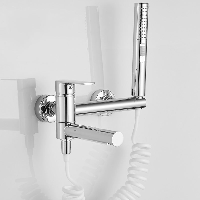 Swivel Spout Tub Faucet Trim Single Lever Handle Handshower Bath Filler with Shower Hose Silver Spring Tube Included Clearhalo 'Bathroom Remodel & Bathroom Fixtures' 'Bathtub Faucets' 'bathtub_faucets' 'Home Improvement' 'home_improvement' 'home_improvement_bathtub_faucets' 7366254