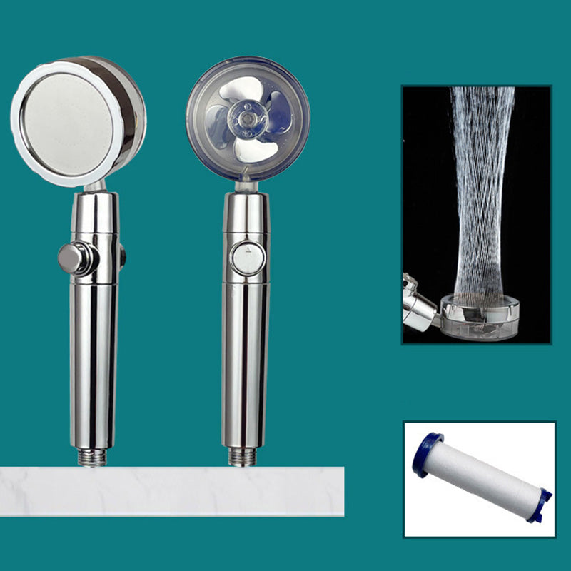 Modern Round Handheld Shower Head Rain Spray Head in Plastic Silver One-click Water Stop Clearhalo 'Bathroom Remodel & Bathroom Fixtures' 'Home Improvement' 'home_improvement' 'home_improvement_shower_heads' 'Shower Heads' 'shower_heads' 'Showers & Bathtubs Plumbing' 'Showers & Bathtubs' 7366273