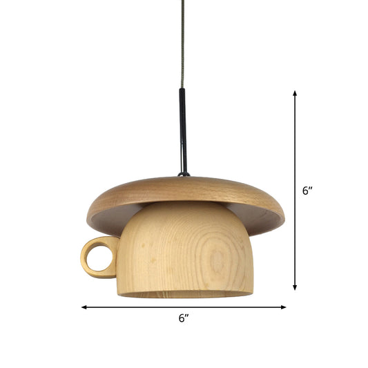 Wood Coffee-Cup Drop Pendant Light Modernist 1-Bulb LED Beige Ceiling Hang Fixture Clearhalo 'Ceiling Lights' 'Modern Pendants' 'Modern' 'Pendant Lights' 'Pendants' Lighting' 736645