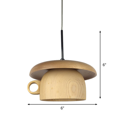 Wood Coffee-Cup Drop Pendant Light Modernist 1-Bulb LED Beige Ceiling Hang Fixture Clearhalo 'Ceiling Lights' 'Modern Pendants' 'Modern' 'Pendant Lights' 'Pendants' Lighting' 736645