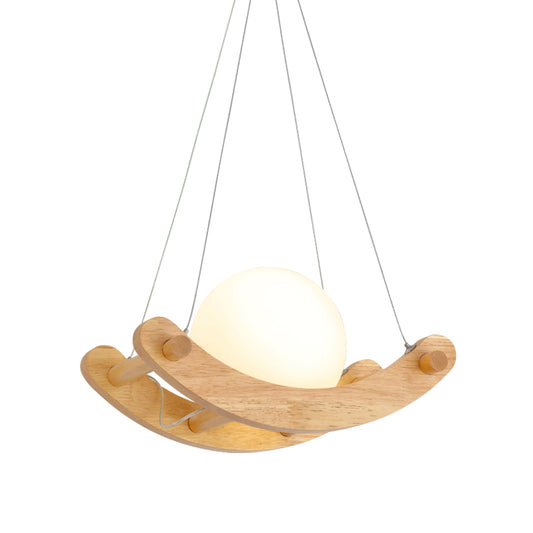 Beige Arced Pendant Modernist 1 Light Wood Hanging Ceiling Lamp with Orb Milk White Glass Shade Clearhalo 'Ceiling Lights' 'Modern Pendants' 'Modern' 'Pendant Lights' 'Pendants' Lighting' 736659