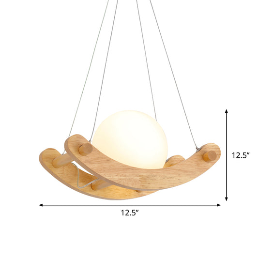 Beige Arced Pendant Modernist 1 Light Wood Hanging Ceiling Lamp with Orb Milk White Glass Shade Clearhalo 'Ceiling Lights' 'Modern Pendants' 'Modern' 'Pendant Lights' 'Pendants' Lighting' 736661