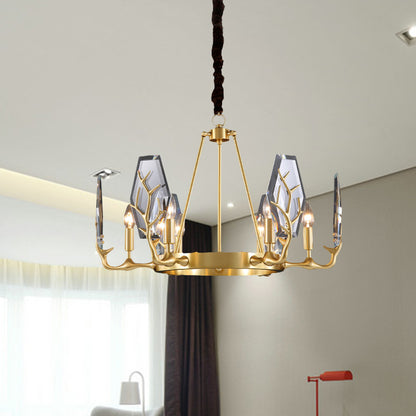 Brass Panel Pendant Chandelier Modernism 6/8 Lights Crystal Round Hanging Ceiling Lamp 6 Brass Clearhalo 'Ceiling Lights' 'Chandeliers' 'Modern Chandeliers' 'Modern' Lighting' 736710