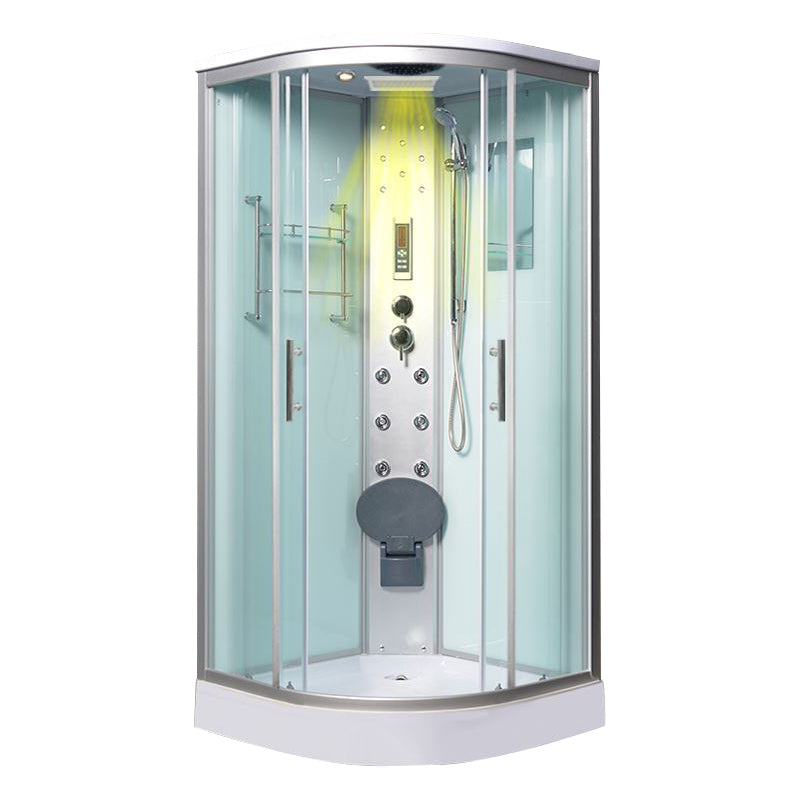 Tempered White Shower Kit Framed Double Sliding Rounded Shower Stall 31"L x 31"W x 87"H Upgrade Yes Clearhalo 'Bathroom Remodel & Bathroom Fixtures' 'Home Improvement' 'home_improvement' 'home_improvement_shower_stalls_enclosures' 'Shower Stalls & Enclosures' 'shower_stalls_enclosures' 'Showers & Bathtubs' 7367311
