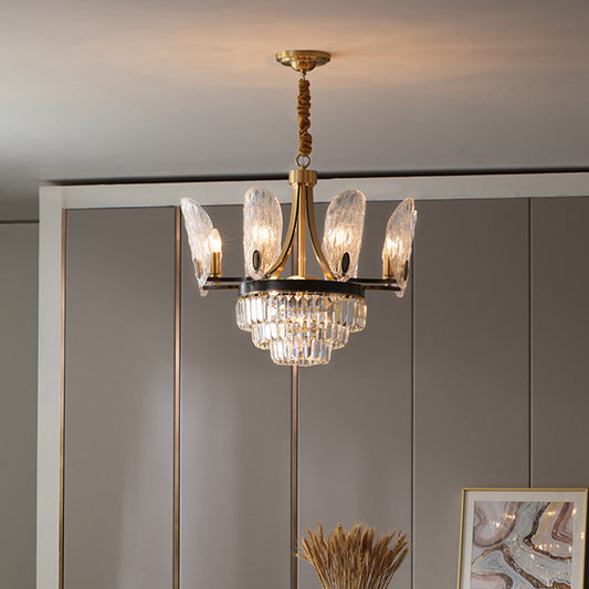 Minimalist Sputnik Pendant Chandelier 12 Lights Clear Textured Glass Ceiling Light in Black and Gold with Tiered Crystal Black-Gold Clearhalo 'Ceiling Lights' 'Chandeliers' 'Modern Chandeliers' 'Modern' Lighting' 736750