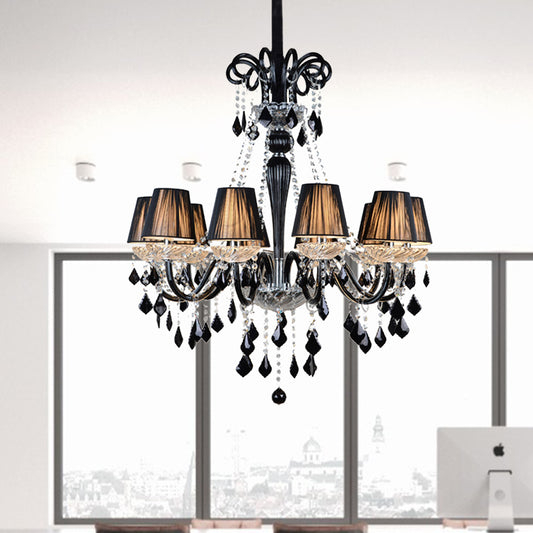 Traditional Tapered Chandelier Lamp 10 Bulbs Fabric Ceiling Light with Black and Clear Crystal and Glass Arm Clearhalo 'Ceiling Lights' 'Chandeliers' Lighting' options 736778