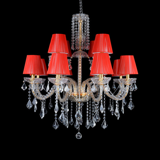 Red Cone Chandelier Lighting Vintage Fabric 12 Heads Bedroom Ceiling Lamp with Clear Crystal and Curvy Glass Arm Clearhalo 'Ceiling Lights' 'Chandeliers' Lighting' options 736784