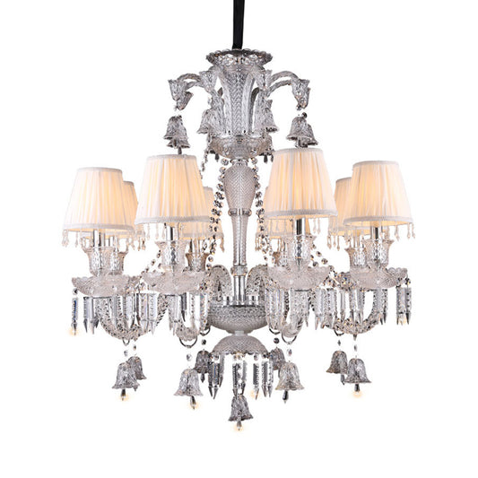 Pleated Shade Fabric Chandelier Antique 8-Bulb Living Room Pendant in White with Curvy Glass Arm and Crystal Drop Clearhalo 'Ceiling Lights' 'Chandeliers' Lighting' options 736787