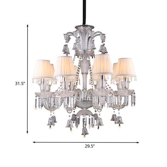 Pleated Shade Fabric Chandelier Antique 8-Bulb Living Room Pendant in White with Curvy Glass Arm and Crystal Drop Clearhalo 'Ceiling Lights' 'Chandeliers' Lighting' options 736789
