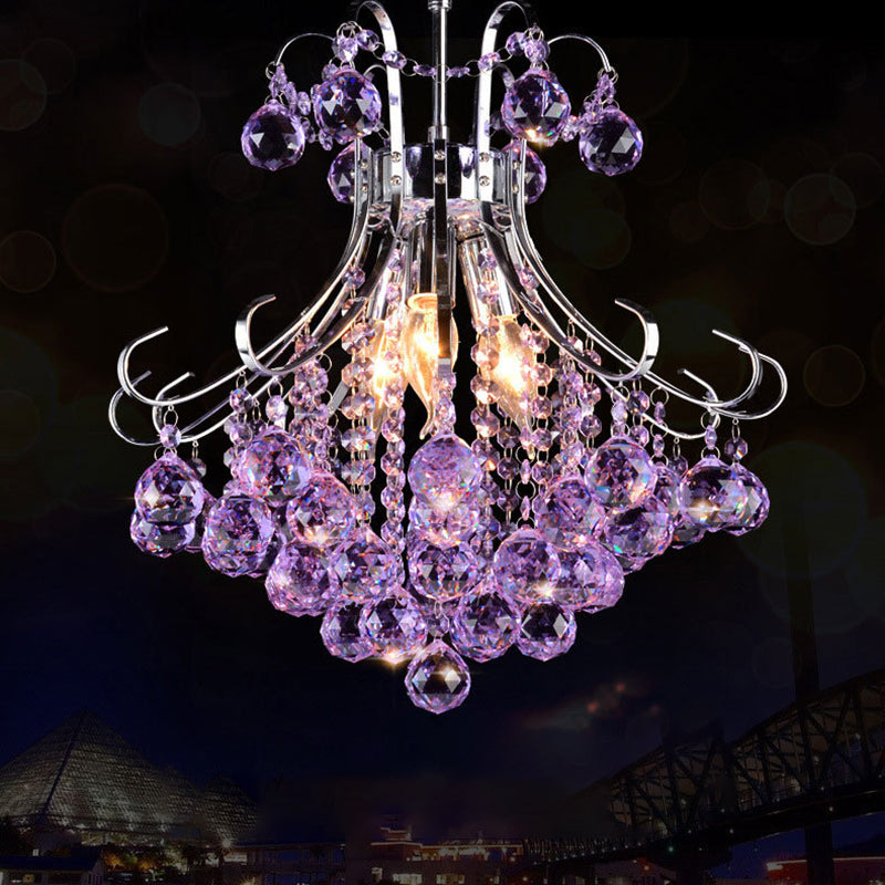 3 Bulbs Chandelier Pendant Light Traditionalist Raindrop Purple/Red Faceted Crystal Ball Down Lighting in Chrome Purple Clearhalo 'Ceiling Lights' 'Chandeliers' Lighting' options 736794_8cfd6edb-32b6-4714-977d-8e46520312c7