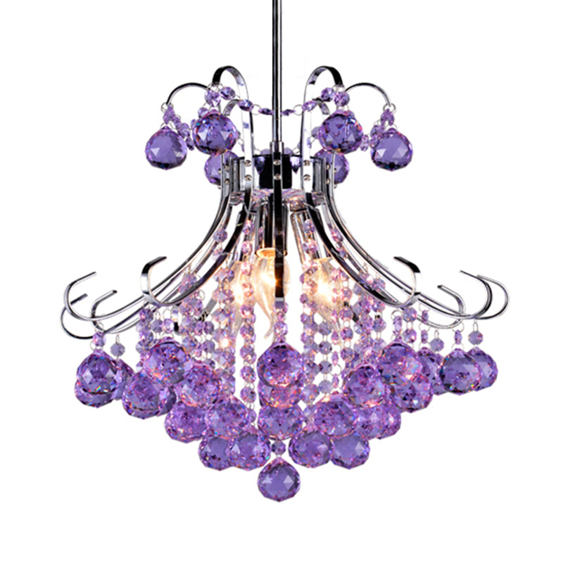 3 Bulbs Chandelier Pendant Light Traditionalist Raindrop Purple/Red Faceted Crystal Ball Down Lighting in Chrome Clearhalo 'Ceiling Lights' 'Chandeliers' Lighting' options 736795