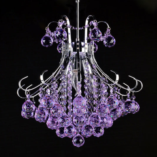 3 Bulbs Chandelier Pendant Light Traditionalist Raindrop Purple/Red Faceted Crystal Ball Down Lighting in Chrome Clearhalo 'Ceiling Lights' 'Chandeliers' Lighting' options 736796