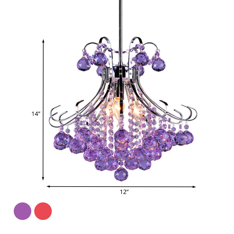3 Bulbs Chandelier Pendant Light Traditionalist Raindrop Purple/Red Faceted Crystal Ball Down Lighting in Chrome Clearhalo 'Ceiling Lights' 'Chandeliers' Lighting' options 736797