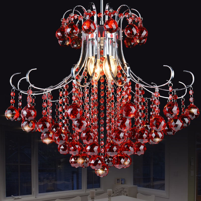 3 Bulbs Chandelier Pendant Light Traditionalist Raindrop Purple/Red Faceted Crystal Ball Down Lighting in Chrome Red Clearhalo 'Ceiling Lights' 'Chandeliers' Lighting' options 736798_f36afc8d-1f36-41f2-ae77-8eb42ed74471