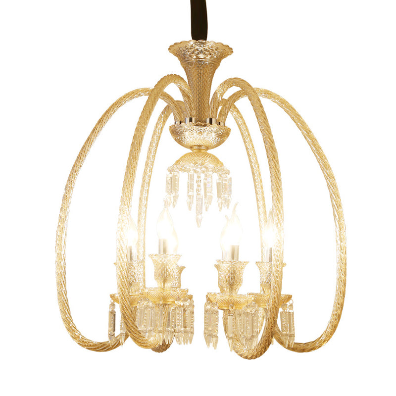 6/8 Heads Hanging Chandelier Antique Living Room Pendant with Curving Cognac Glass Arm and Clear Crystal Drop Clearhalo 'Ceiling Lights' 'Chandeliers' Lighting' options 736802