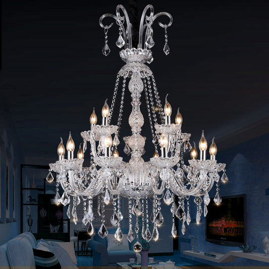 Clear Glass Candelabra Chandelier Lamp Retro 15 Bulbs Living Room Suspension Light with Crystal Drop Clearhalo 'Ceiling Lights' 'Chandeliers' Lighting' options 736820