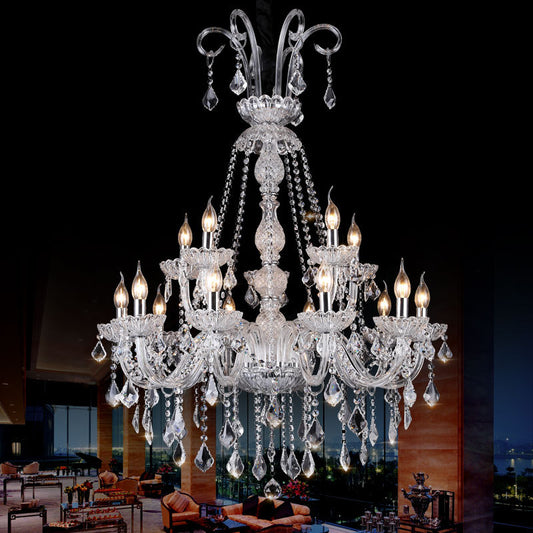 Clear Glass Candelabra Chandelier Lamp Retro 15 Bulbs Living Room Suspension Light with Crystal Drop Clearhalo 'Ceiling Lights' 'Chandeliers' Lighting' options 736821