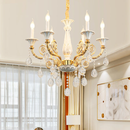 Gold Candle Chandelier Lamp Traditional Crystal 6 Heads Bedroom Ceiling Light with Ceramic Pillar and Carved Arm Gold Clearhalo 'Ceiling Lights' 'Chandeliers' Lighting' options 736824_8ebdc756-05db-47bc-998a-c5b9e4707792