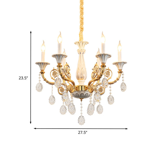 Gold Candle Chandelier Lamp Traditional Crystal 6 Heads Bedroom Ceiling Light with Ceramic Pillar and Carved Arm Clearhalo 'Ceiling Lights' 'Chandeliers' Lighting' options 736827