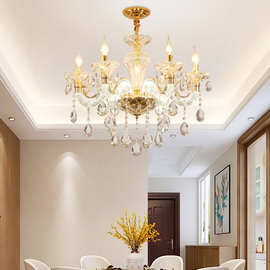 Candelabra Crystal Ceiling Chandelier Vintage 6 Lights Dining Room Pendant in Gold with Clear Glass Shade Clearhalo 'Ceiling Lights' 'Chandeliers' Lighting' options 736840