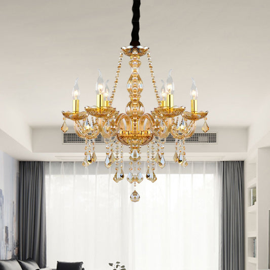 Retro Candle/Bell Chandelier Light 6 Bulbs Amber Beveled Crystal Pendant Lamp in Gold with/without Fabric Shade Clearhalo 'Ceiling Lights' 'Chandeliers' Lighting' options 736869