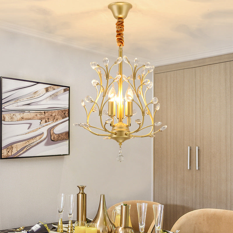 K9 Crystal Branch Ceiling Chandelier Contemporary 3 Lights Dining Room Pendant Lamp in Black/Gold Gold Clearhalo 'Ceiling Lights' 'Chandeliers' 'Modern Chandeliers' 'Modern' Lighting' 736884