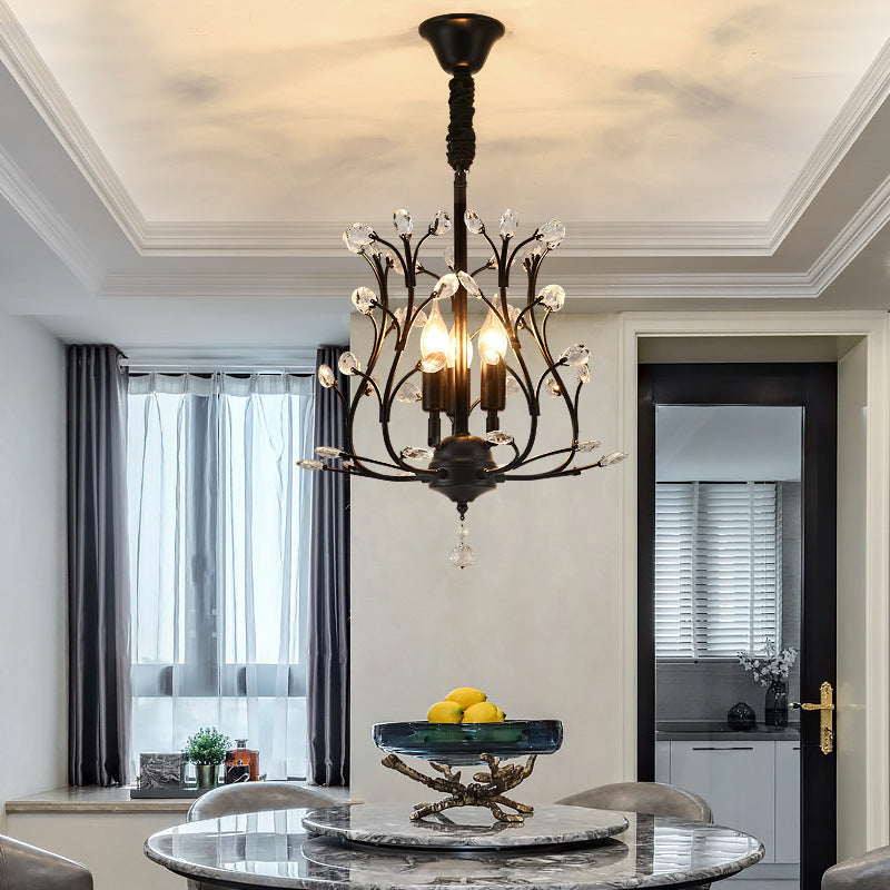 K9 Crystal Branch Ceiling Chandelier Contemporary 3 Lights Dining Room Pendant Lamp in Black/Gold Clearhalo 'Ceiling Lights' 'Chandeliers' 'Modern Chandeliers' 'Modern' Lighting' 736889