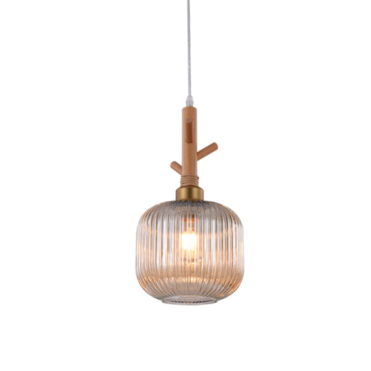Modernism Drum Hanging Light Amber Ribbed Glass 1 Head Kitchen Island Ceiling Lamp with Wood Branch Top Clearhalo 'Ceiling Lights' 'Glass shade' 'Glass' 'Modern Pendants' 'Modern' 'Pendant Lights' 'Pendants' Lighting' 736934