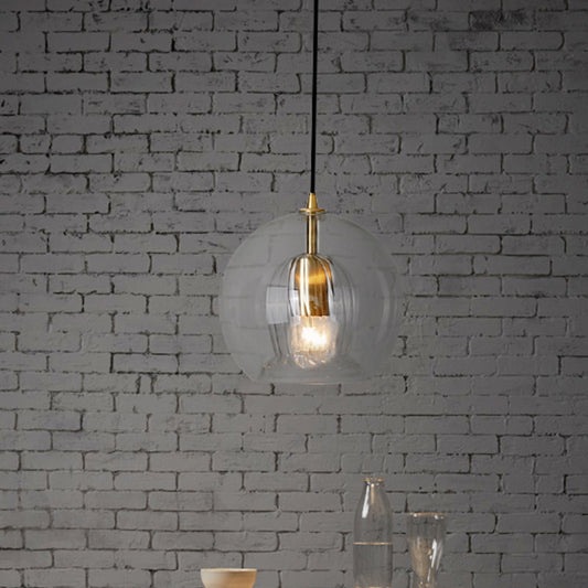 Global Clear Glass Mini Hanging Light Postmodern 1 Light Brass Suspension Lamp, 6"/10" Wide Clear Clearhalo 'Ceiling Lights' 'Chandeliers' 'Glass shade' 'Glass' 'Modern Pendants' 'Modern' 'Pendant Lights' 'Pendants' Lighting' 736972