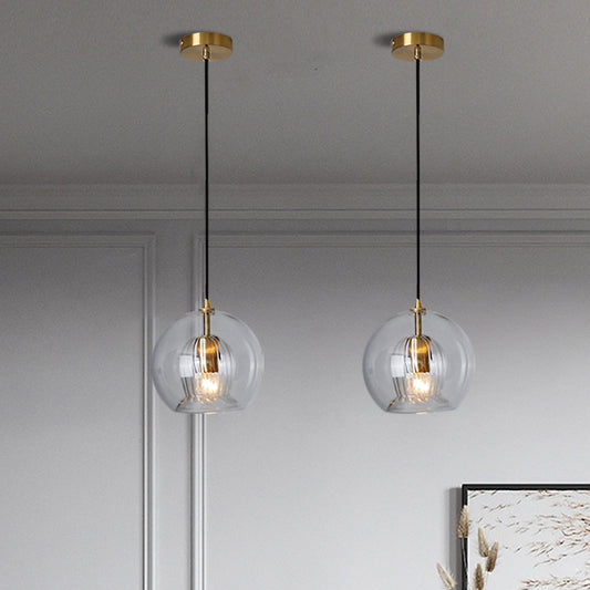 Global Clear Glass Mini Hanging Light Postmodern 1 Light Brass Suspension Lamp, 6"/10" Wide Clearhalo 'Ceiling Lights' 'Chandeliers' 'Glass shade' 'Glass' 'Modern Pendants' 'Modern' 'Pendant Lights' 'Pendants' Lighting' 736973