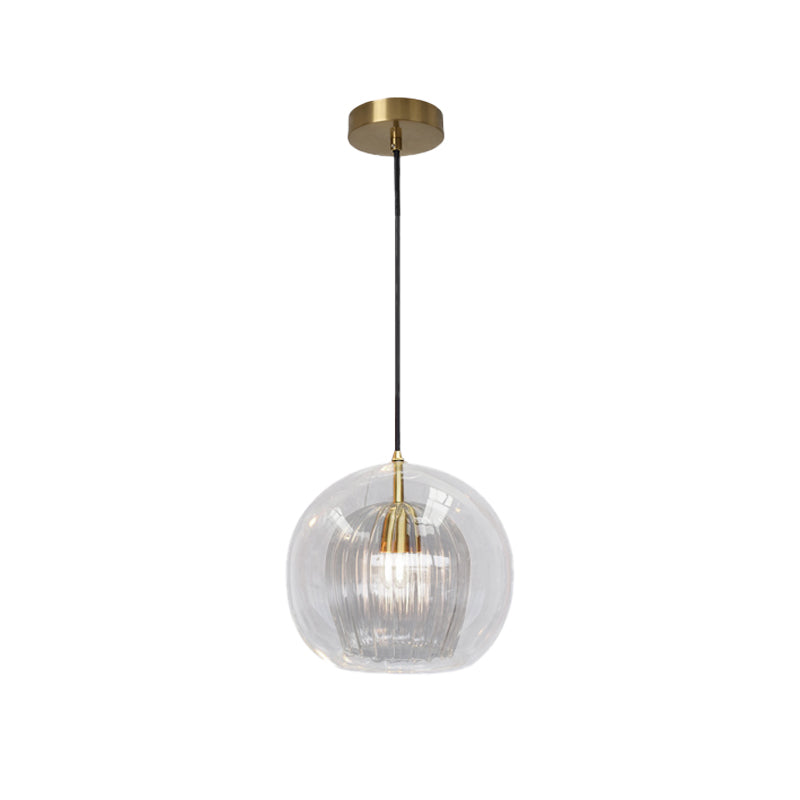 Global Clear Glass Mini Hanging Light Postmodern 1 Light Brass Suspension Lamp, 6"/10" Wide Clearhalo 'Ceiling Lights' 'Chandeliers' 'Glass shade' 'Glass' 'Modern Pendants' 'Modern' 'Pendant Lights' 'Pendants' Lighting' 736974