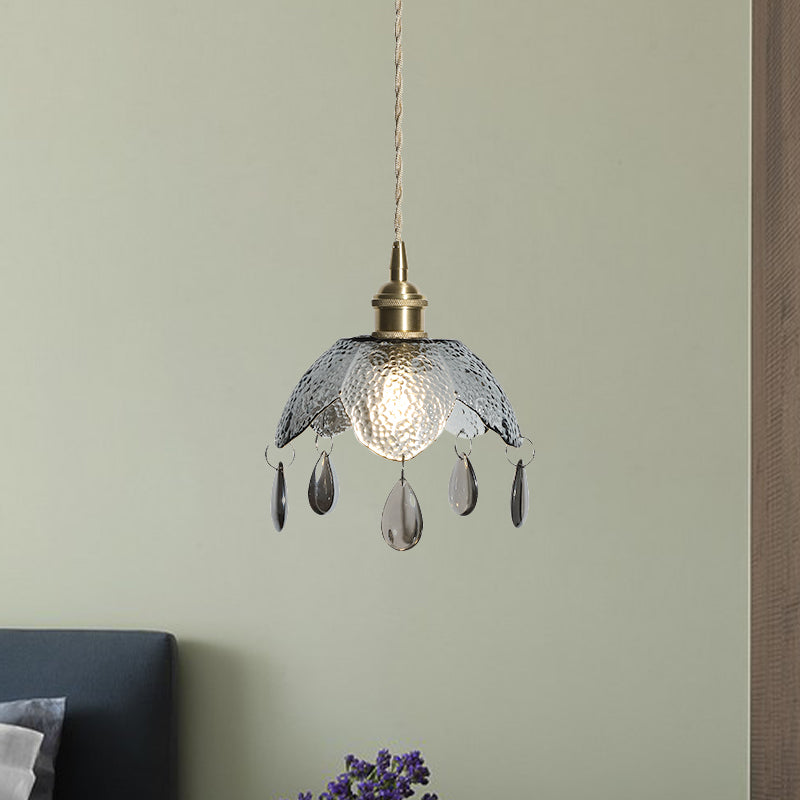 Brass Scalloped Bowl Hanging Lighting Vintage 1 Bulb Clear/Smoke Gray Water Glass Suspended Pendant Lamp Smoke Gray Clearhalo 'Ceiling Lights' 'Close To Ceiling Lights' 'Glass shade' 'Glass' 'Modern Pendants' 'Modern' 'Pendant Lights' 'Pendants' Lighting' 736997