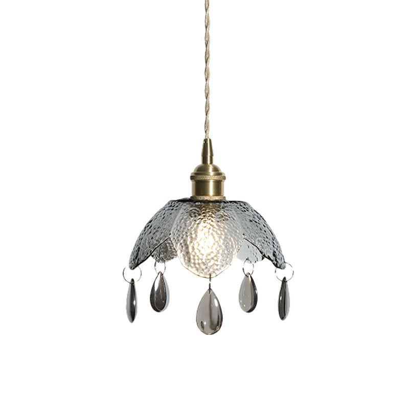 Brass Scalloped Bowl Hanging Lighting Vintage 1 Bulb Clear/Smoke Gray Water Glass Suspended Pendant Lamp Clearhalo 'Ceiling Lights' 'Close To Ceiling Lights' 'Glass shade' 'Glass' 'Modern Pendants' 'Modern' 'Pendant Lights' 'Pendants' Lighting' 736999