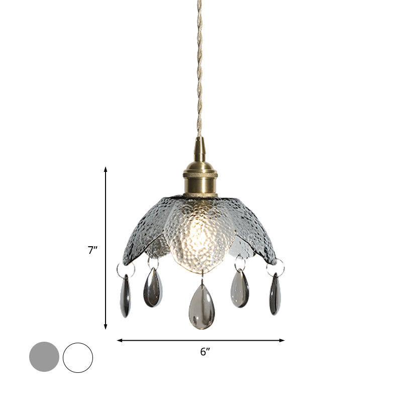 Brass Scalloped Bowl Hanging Lighting Vintage 1 Bulb Clear/Smoke Gray Water Glass Suspended Pendant Lamp Clearhalo 'Ceiling Lights' 'Close To Ceiling Lights' 'Glass shade' 'Glass' 'Modern Pendants' 'Modern' 'Pendant Lights' 'Pendants' Lighting' 737000