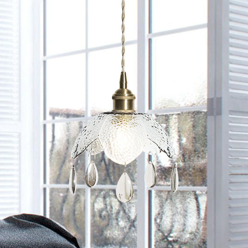 Brass Scalloped Bowl Hanging Lighting Vintage 1 Bulb Clear/Smoke Gray Water Glass Suspended Pendant Lamp Clear Clearhalo 'Ceiling Lights' 'Close To Ceiling Lights' 'Glass shade' 'Glass' 'Modern Pendants' 'Modern' 'Pendant Lights' 'Pendants' Lighting' 737001