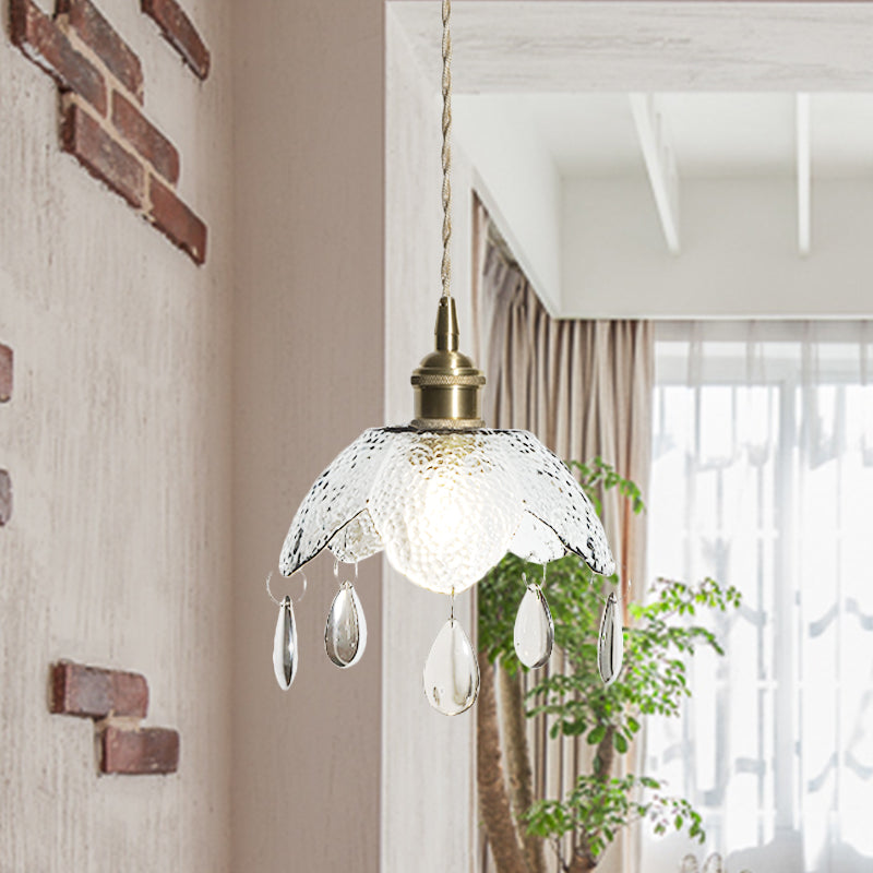 Brass Scalloped Bowl Hanging Lighting Vintage 1 Bulb Clear/Smoke Gray Water Glass Suspended Pendant Lamp Clearhalo 'Ceiling Lights' 'Close To Ceiling Lights' 'Glass shade' 'Glass' 'Modern Pendants' 'Modern' 'Pendant Lights' 'Pendants' Lighting' 737003