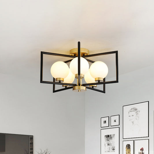 Rectangle Frame Semi Flush Lighting Post Modern 5 Heads Living Room Flush Mount in Black and Gold Clearhalo 'Ceiling Lights' 'Close To Ceiling Lights' 'Close to ceiling' 'Glass shade' 'Glass' 'Semi-flushmount' Lighting' 737043