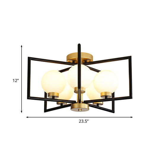Rectangle Frame Semi Flush Lighting Post Modern 5 Heads Living Room Flush Mount in Black and Gold Clearhalo 'Ceiling Lights' 'Close To Ceiling Lights' 'Close to ceiling' 'Glass shade' 'Glass' 'Semi-flushmount' Lighting' 737045