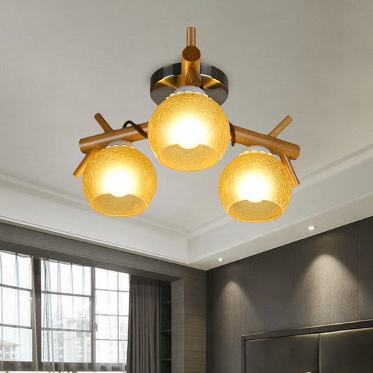 Beige Cracked Glass Orb Semi Flush Mount Modernism 3-Head Close to Ceiling Lighting with Wood Branch Arm Wood Clearhalo 'Ceiling Lights' 'Close To Ceiling Lights' 'Close to ceiling' 'Glass shade' 'Glass' 'Pendant Lights' 'Semi-flushmount' Lighting' 737050