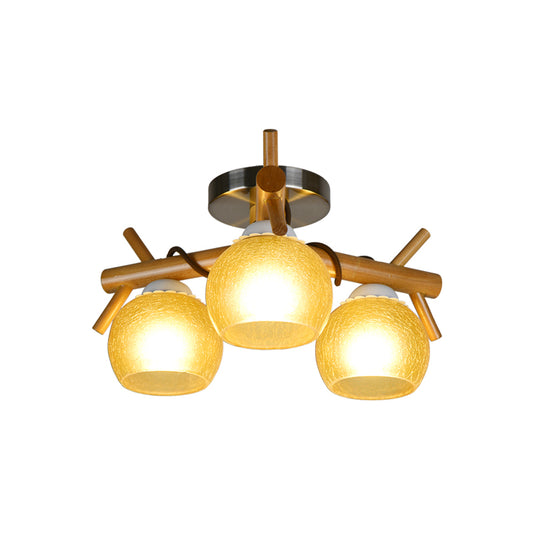 Beige Cracked Glass Orb Semi Flush Mount Modernism 3-Head Close to Ceiling Lighting with Wood Branch Arm Clearhalo 'Ceiling Lights' 'Close To Ceiling Lights' 'Close to ceiling' 'Glass shade' 'Glass' 'Pendant Lights' 'Semi-flushmount' Lighting' 737051