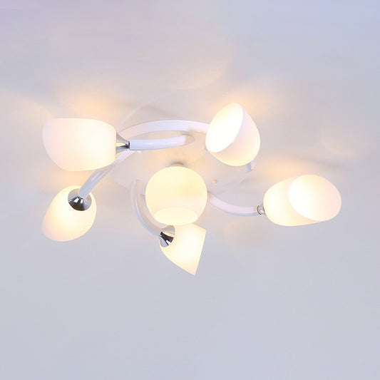 6/8 Lights Living Room Semi Flush Modern White Spiral Flush Mounted Light with Tulip Opal Glass Shade Clearhalo 'Ceiling Lights' 'Close To Ceiling Lights' 'Close to ceiling' 'Glass shade' 'Glass' 'Semi-flushmount' Lighting' 737064