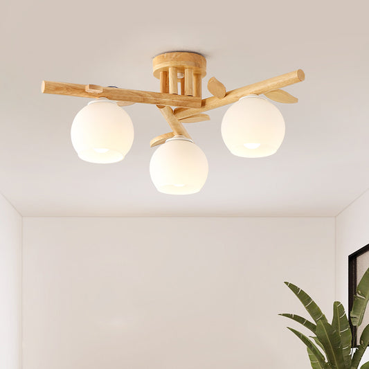 Wood Branch Semi Flush Lighting Modern 3/5-Head Beige Flushmount Lamp with Sphere Milk White Glass Shade 3 Wood Clearhalo 'Ceiling Lights' 'Close To Ceiling Lights' 'Close to ceiling' 'Glass shade' 'Glass' 'Semi-flushmount' Lighting' 737066
