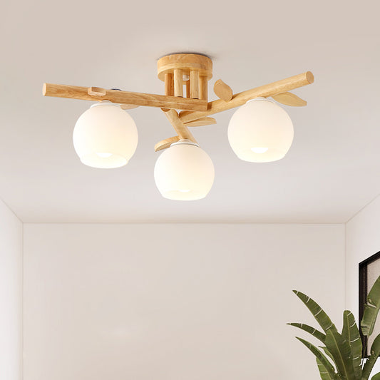 Wood Branch Semi Flush Lighting Modern 3/5-Head Beige Flushmount Lamp with Sphere Milk White Glass Shade 3 Wood