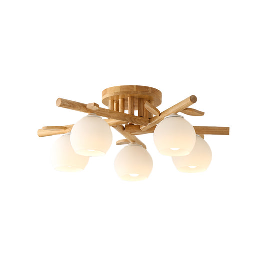 Wood Branch Semi Flush Lighting Modern 3/5-Head Beige Flushmount Lamp with Sphere Milk White Glass Shade Clearhalo 'Ceiling Lights' 'Close To Ceiling Lights' 'Close to ceiling' 'Glass shade' 'Glass' 'Semi-flushmount' Lighting' 737073